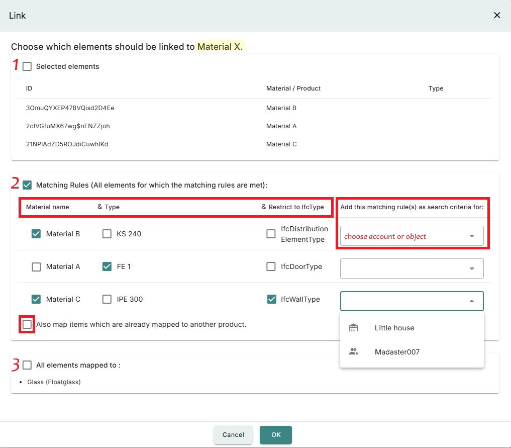 Options in the manual mapping process incl. matching rules.